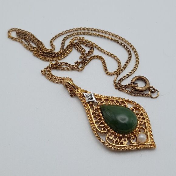 Vintage Genuine Jade Cultured Pearl Pendant Necklace Pat Pend 1970s - Picture 8 of 9
